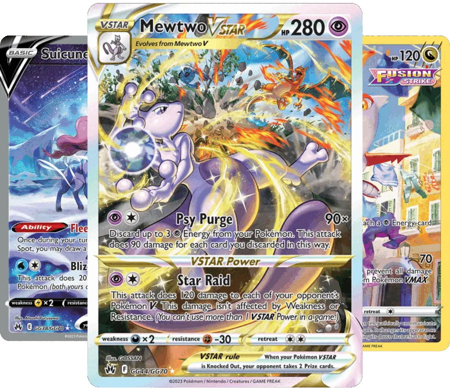 Mewtwo VSTAR, Suicune V and Deoxys VMAX card artwork